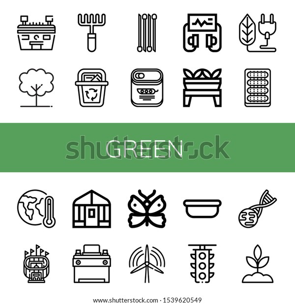 Set of\
green icons. Such as Stadium, Tree, Rake, Recycle bin, Onion, Peas,\
Defibrillator, Plant, Bio, Cucumber, Global warming, Greenhouse,\
Car battery, Butterfly , green\
icons