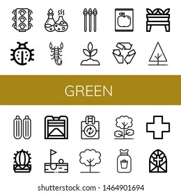 Set of green icons such as Traffic lights, Ladybug, Essential oil, Scorpion, Asparagus, Sprout, Apple, Recycle, Plant, Tree, Zucchini, Cactus, Compost, Golf, Reuse, Rubbish , green