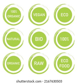 A set of green icons with text: Organic, Vegan, Eco food, Natural, RAW, 100%. The theme of eco-friendly and vegetarian food.