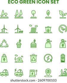 A set of green icons that represent eco-friendly concepts