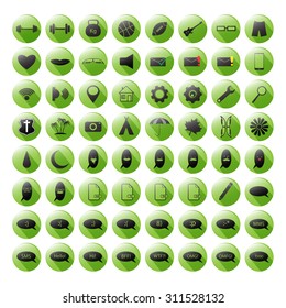 Set of the green icons for your site, mobile apps etc. Icon set. Green icons. Flat design icons. Sport icons. Control icons. Dialog icons. Travel icons. Vector icons. Icons. Smile icons. Icons for web