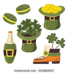 set of green illustrations leprechaun hat with coins of saint patrick clover macaroon