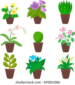 Set of green indoor flat style houseplants and flowers in pots. Vector icons on white background.