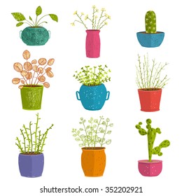 Set of green indoor plants in pots. Leaf and house gardening, flowerpot and flora isolated objects, houseplant design collection vector illustration