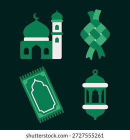 Conjunto de iconos islámicos verdes que incluyen mezquita, ketupat, estera de oración y linterna, que representan las celebraciones de Ramadán y Eid
