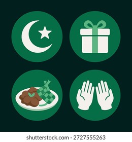 Conjunto de iconos islámicos verdes que incluyen mezquita, ketupat, estera de oración y linterna, que representan las celebraciones de Ramadán y Eid