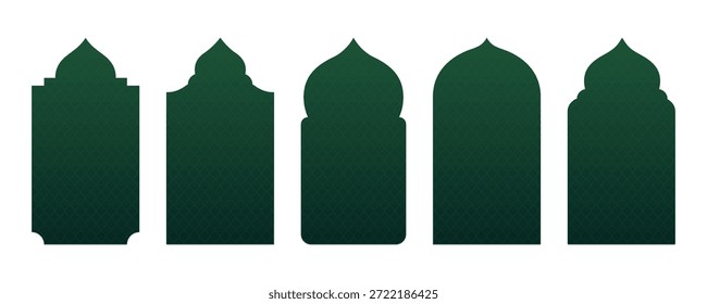 Conjunto de arcos de ventana islámicos verdes con patrón geométrico sutil para el fondo de ramadán mubarak