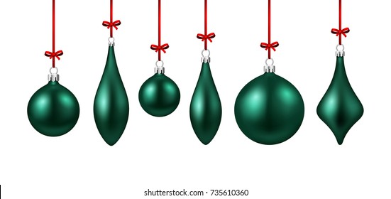 Set of green isolated figured Christmas balls. Vector illustration template.