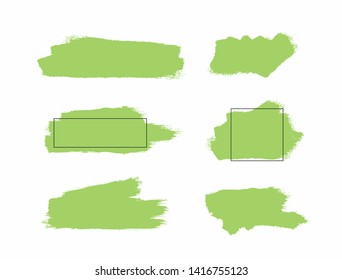 Set of green isolated paint stains and watercolor templates with frames. Grunge, sketch, splash. Vector illustration.