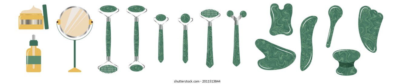 Conjunto de rodillos verdes de jade y herramienta guasha para masajes faciales y cuidado de la piel. Ejercicio para el bienestar con piedras preciosas.