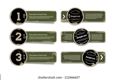 A set of green khaki vector vintage military style badges with grunge weathered paint background and metallic staples