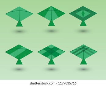 A set of green kites for children play with different designs on green background