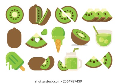 Set of green Kiwi, Farm fresh Kiwi product emblem for grocery shop, collection of ice cream, Juice jar, glass of juice, ice cream cone and stick, simple flat vector illustration of fruits.