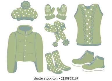 Set of green knitted winter clothes and outerwear. Knitted winter scarf, hat, mittens, socks, boots, vest and jacket. Cute hand drawn elements for winter design. Vector illustration.