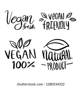 Set of green labels and badges with leaves for vegan organic, natural, bio and eco friendly products isolated on white background - Vector