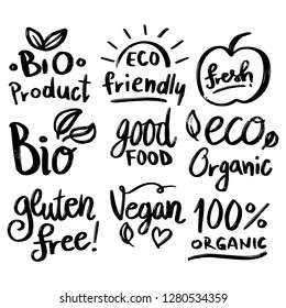 Set of green labels and badges with leaves for vegan organic, natural, bio and eco friendly products isolated on white background - Vector