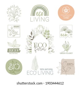 Set of green labels and badges with leaves for organic, natural, bio and eco friendly products isolated on white background