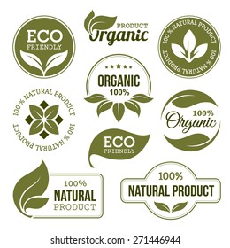 Set of green labels and badges with leaves for organic, natural, bio and eco friendly products isolated on white background