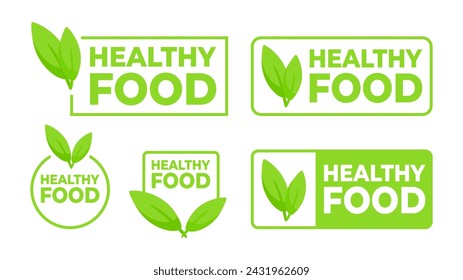 Set of green labels with Healthy Food text and a leaf icon, for marking nutritious and wholesome food options.