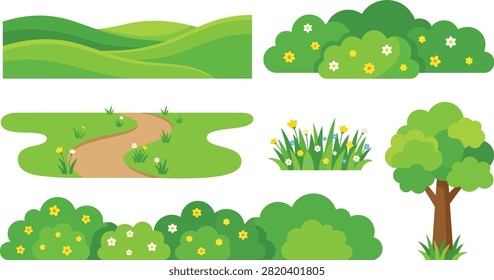 Set of Green Landscape Elements Including Hills Path Bushes Flowers and Tree Vector Illustration