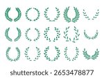 Set of green laurel wreaths in various styles, flat graphic style on white background. Concept of achievement, award, honor, and classic victory. Vector illustration