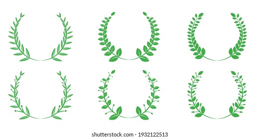 Set of green laurel wreaths. Vintage laurel wreaths collection. Hand drawn vector laurel leaves decorative elements. 