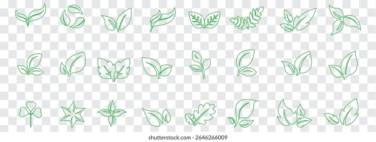 Conjunto de una hoja verde y el icono de la hoja negra. Varias Formas de hojas verdes de árboles y plantas. Medio ambiente y Ilustración vectorial de hojas de la naturaleza. Mejor diseño.