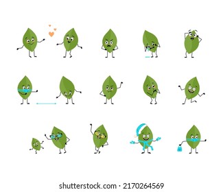Set of green leaf character with happy or sad emotions, panic, loving or brave face, hands and legs. Person of plant with mask, glasses or hat. Vector flat illustration