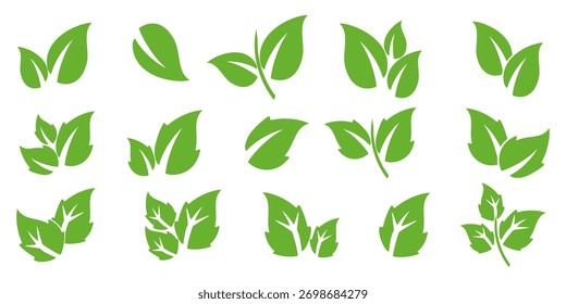 Set aus grünen Blättern mit flacher Leistung. Einfache Blattillustrationen. Blattvektoren, Naturthema.