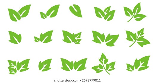 Set of green leaf designs with flat power. Simple leaf illustrations. Leaf vectors, nature theme.