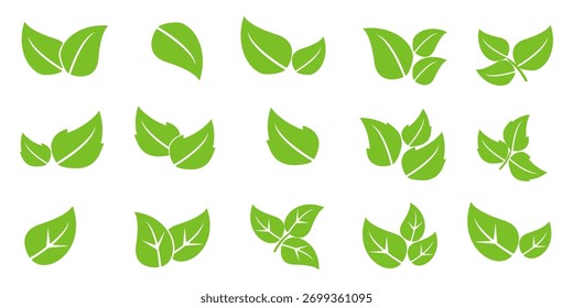 Set of green leaf designs with flat power. Simple leaf illustrations. Leaf vectors, nature theme.