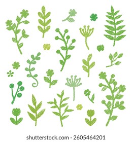 Set of green leaf and flower icons, ecology nature element, hand drawn style, vector illustration.