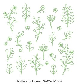 Set of green leaf and flower icons, ecology nature element, hand drawn style, vector illustration.