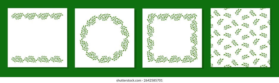 Set of green leaf frames and seamless pattern. Includes square, oval, and border designs perfect for eco invitations, cards, or nature-themed projects.