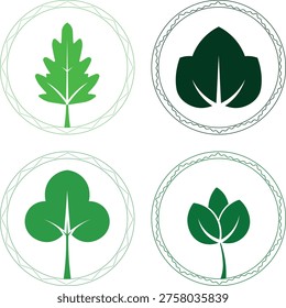 Set of green leaf icons in circles, nature and environment symbols