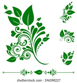 Set of green leaf icons. Collection of design elements isolated on White background. Vector illustration