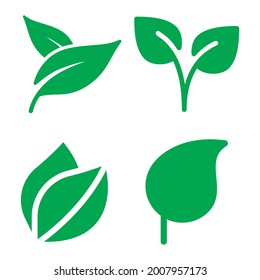 Set of green leaf icons. Green color. Leaf's green color icon logo. Leaves on white background. Ecology. Vector illustration.