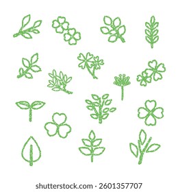Set of green leaf icons, ecology nature element, hand drawn style, vector illustration.