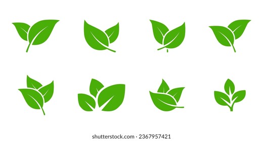 Set of green leaf icons. Leaves of trees and plants. Green leaves collection. Environment symbol. Elements design for natural, eco, bio, vegan labels. Vector illustration.