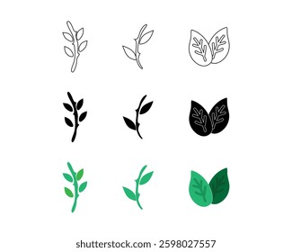 Set of green leaf icons. Leaves line vector icon set. Green color leaf. Leaves on white background. Ecology. Vector illustration.