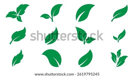 Set of green leaf icons on white background. Ideal for eco, bio, vegan, and organic product labels. EPS 10 vector illustration.