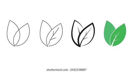 Set of green leaf icons, vegan food vector logo concept, isolated on white background