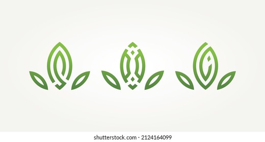 set of green leaf nature simple line art icon logo template vector illustration design. minimalist abstract ecology, garden, nature logo concept