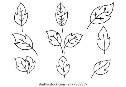 Set of green leaf outline icons on white background. Vector illustration of leaves.