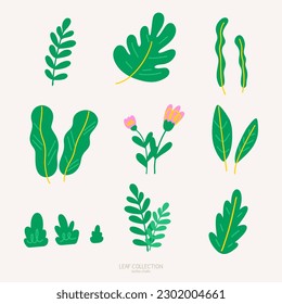 conjunto de elementos de diseño de flores de hoja verde y rosa sobre un fondo beige, ilustración de dibujo a mano, temporada de primavera