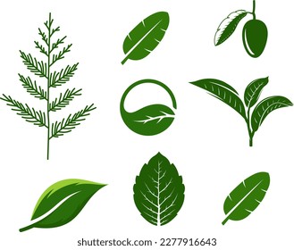 set of green leaf shape element logo vector