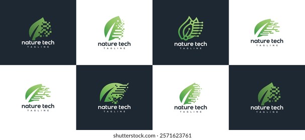 Set Green leaf technology logo design template. Nature leaf digital technology logo design vector icon