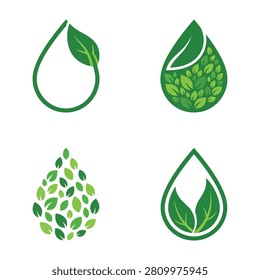 Set of green leaf water drop icons for ecology and conservation concepts