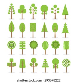 set of green leafs trees icons set in flat design. vector.