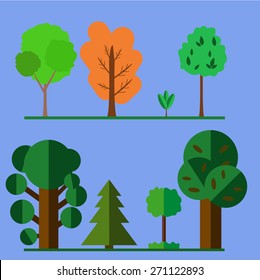 Set of green leafy plane trees, shrubs, pines and herbs - Vector illustration